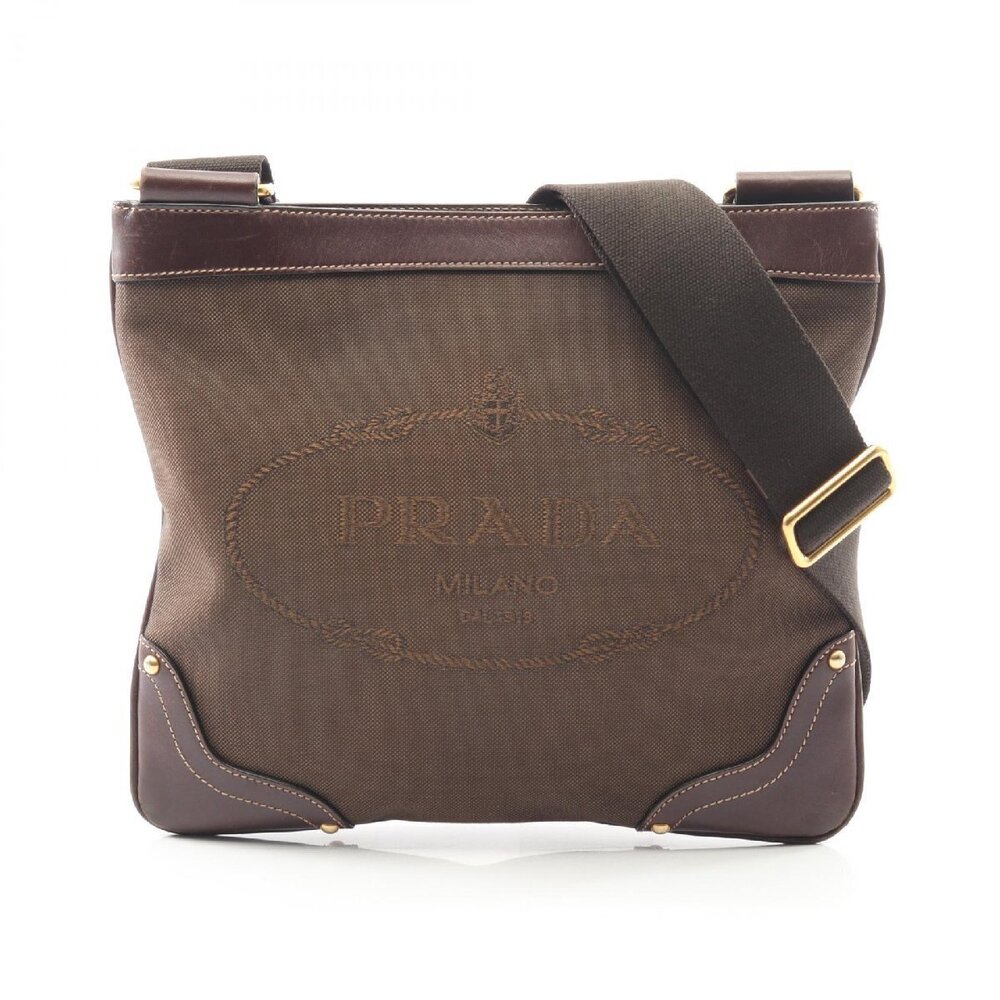 Prada Logo Jacquard messenger bag stitched logo canvas leather brown